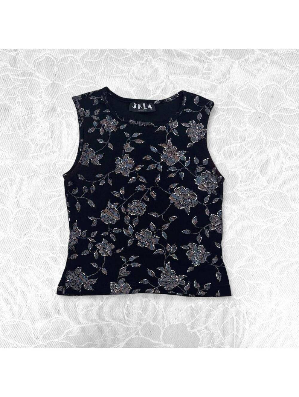 JKLA California Y2K Black Sleeveless Floral Metallic Top